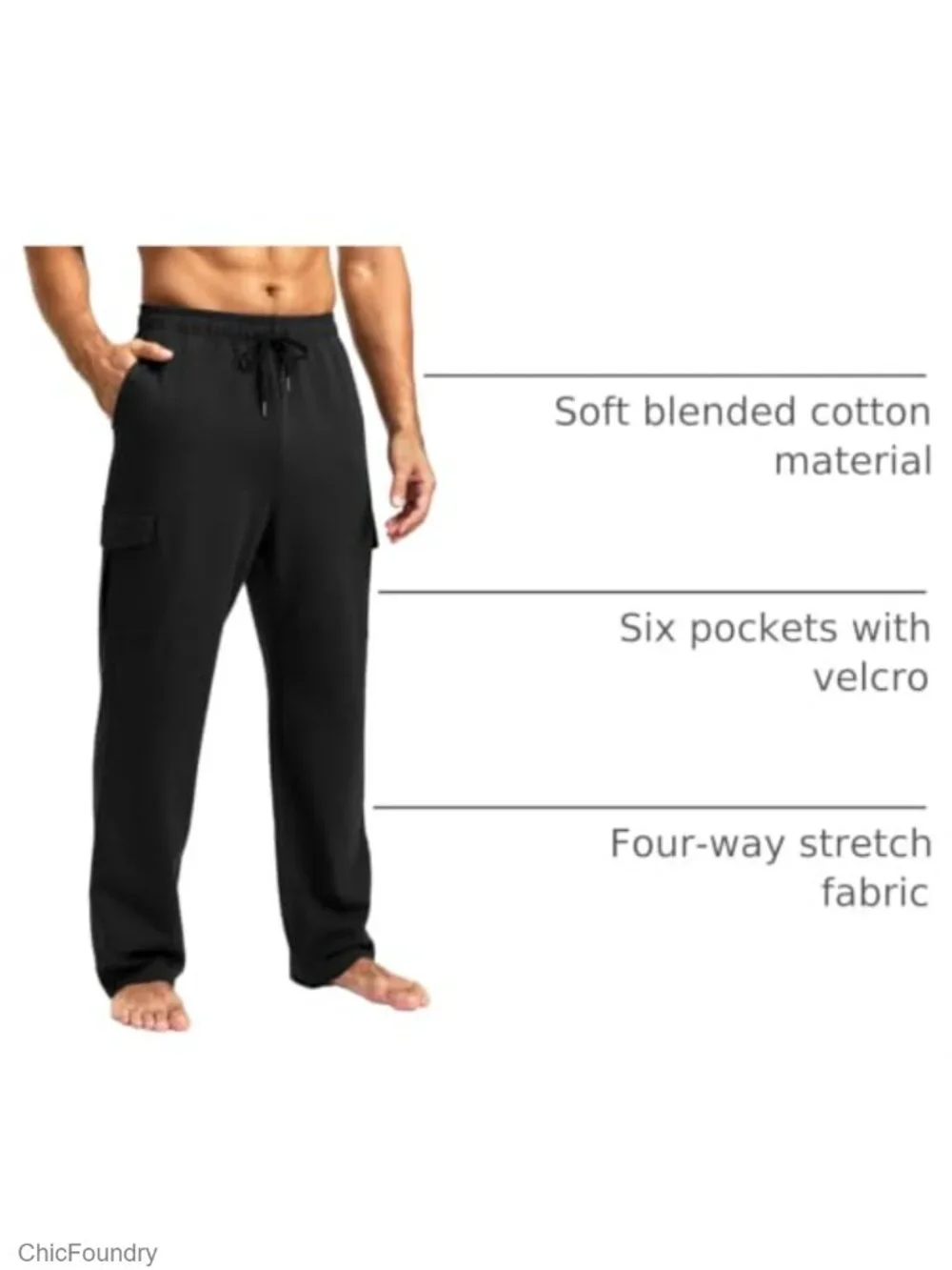 Cotton Blend Sweatpants with Cargo Pockets 4-Way Stretch Open Bottom